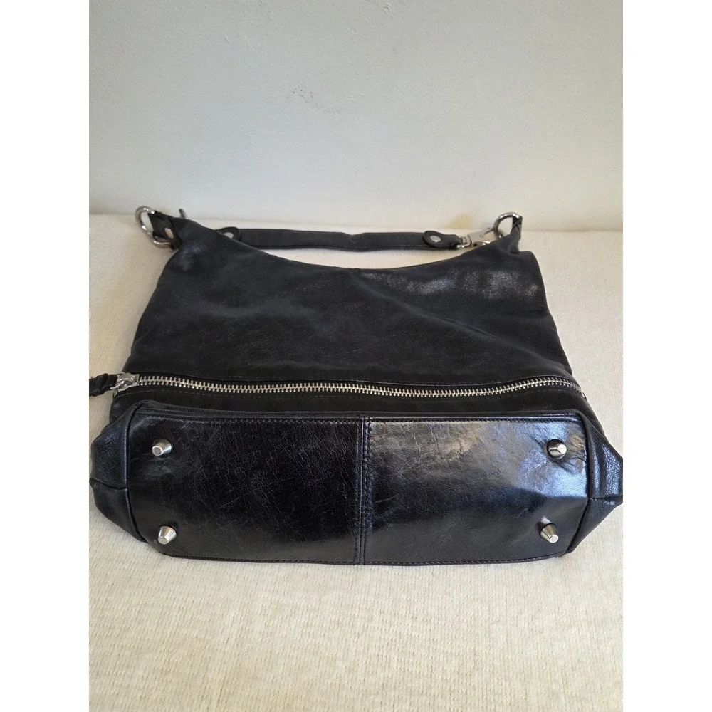 HOBO International Joelle Purse Black Polished Leather Shoulder Bag Silver Hardw